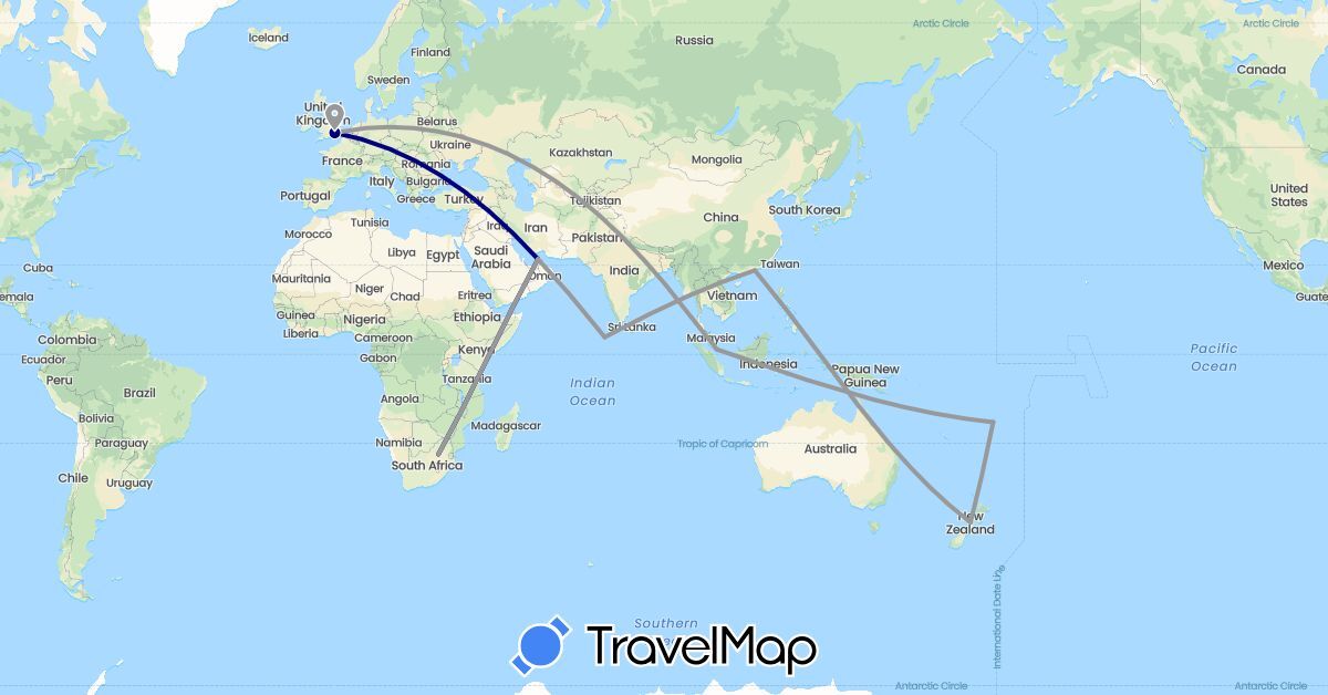 TravelMap itinerary: driving, plane in United Arab Emirates, China, Fiji, United Kingdom, Maldives, New Zealand, Singapore, South Africa (Africa, Asia, Europe, Oceania)